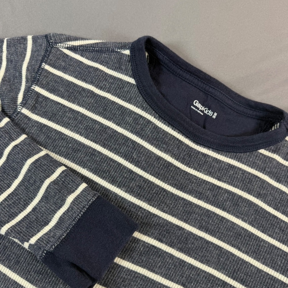 Gap Kids Boys Navy Blue White Striped Thermal Waffle Knit Shirt Medium 8